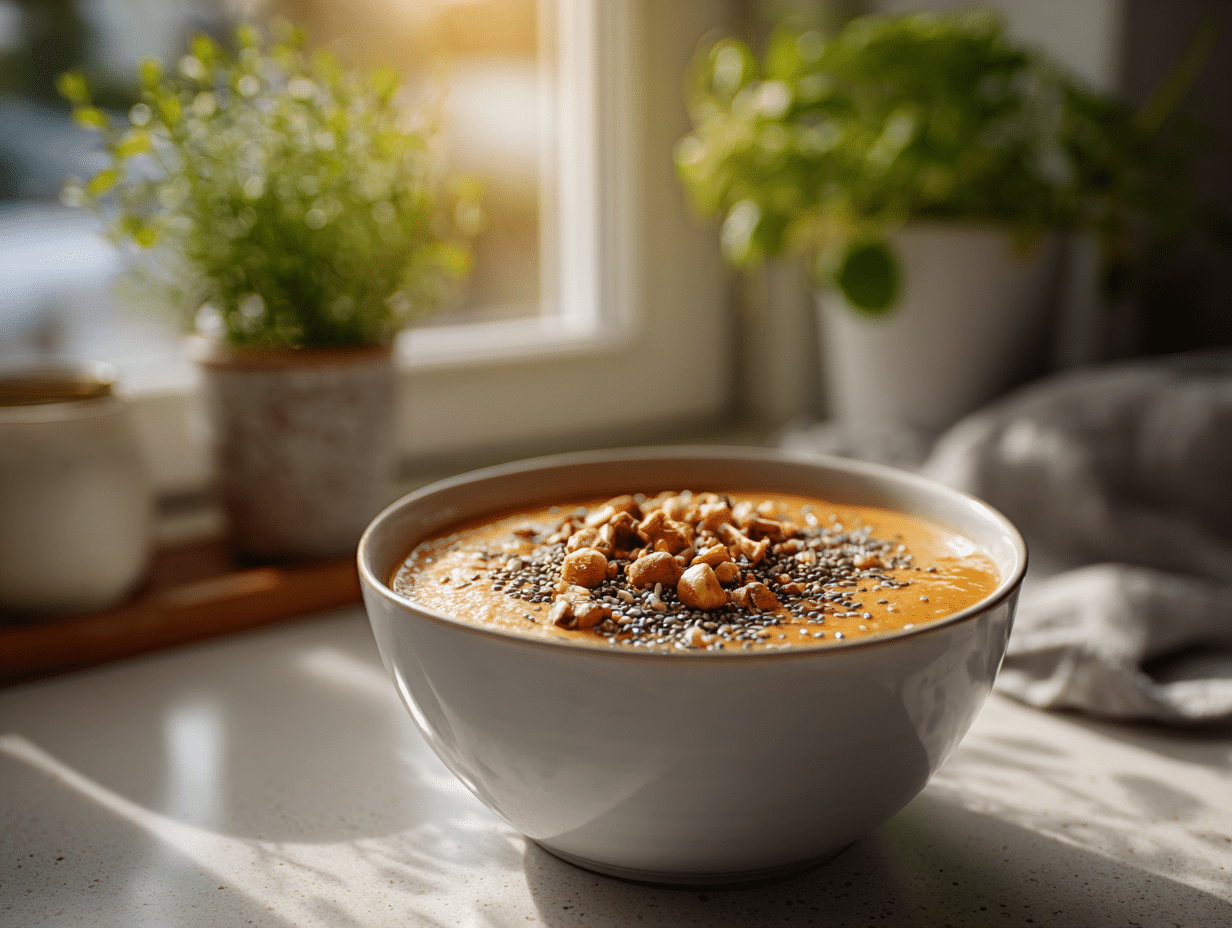 La recette Smoothie bowl à l’abricot rôti, graines de chia, éclats de noisette