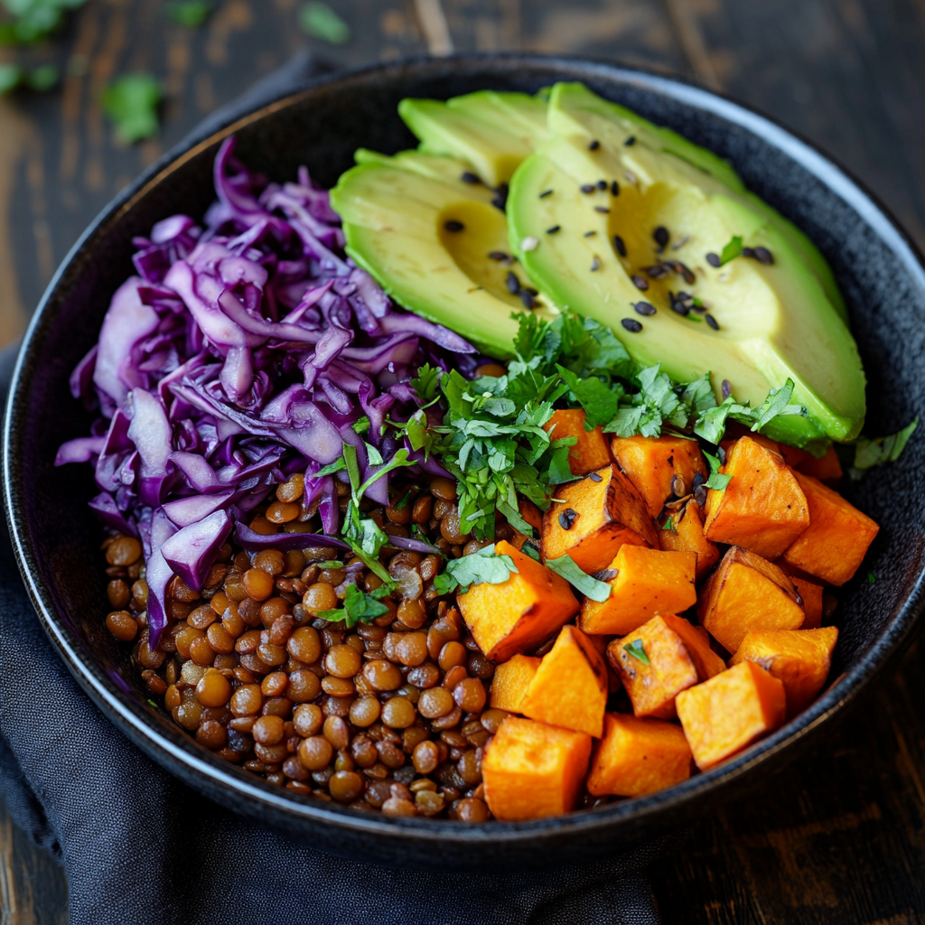 La recette de Buddha bowl de lentilles, patate douce, avocat et chou rouge !